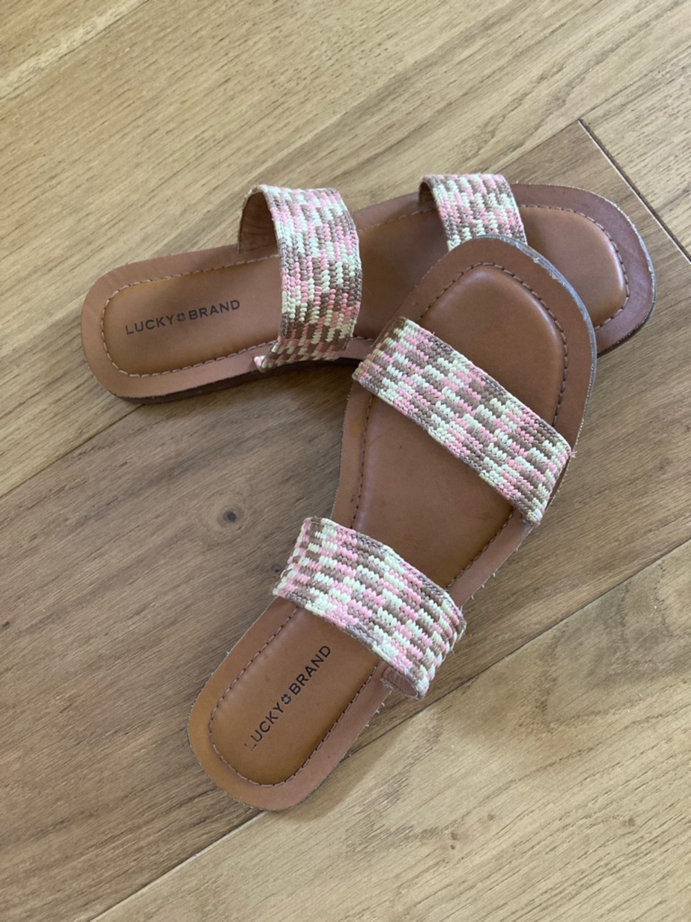 Lucky Brand Pink & Cream Woven Double-Strap Sandals
